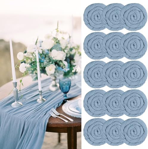 15-pack ostduk bordslöpare dammig blå halvren bordslöpare 55 x 300 cm, blå rustik gasväv boho bordslöpare, bröllopsbordsdekor bordsduk för möhippa fest bröllop semester