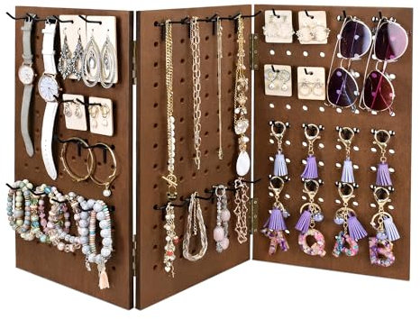MOOCA Wall-Mountable Wooden Foldable 3-Panel Pegboard Jewelry Display Organizer with 48 Removable Black Hooks, Vertical or Horizontal Display, Ideal for Travel, Brown Color