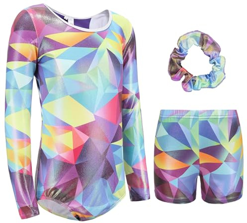 Happy Cherry Kinder Gymnastikanzug Langarm Gymnastikbody Shorts Set Glänzende Turnanzug für Mädchen Kunstturnen Bekleidung 7-8 Jahre