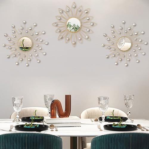 Uaussi 3 Pack Crystal Sunburst Wall Mirror Décor Rhinestone Mirrors Decorative Home Wall Art for Living Room Bedroom Entryway(Flower+Sunburst Gold)