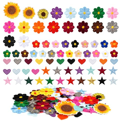 73 Stück Patches zum Aufnähen, Blume Aufnäher Kinder, Flicken zum Aufbügeln Stern Herzen, Applikationen zum Aufnähen | Bügelbilder für Textilien, Kleidung, Jeans, Taschen, Dekoration - 4 Stile