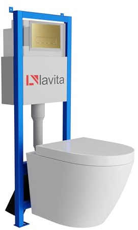 Lavita LAV 101 Vorwandelement für WC 40cm + Wand Hänge Tiefspül WC SOGO Weiß Spülrandlos + Bedienplatte LAV 200.3.5 Gold | Komplettset | Unterputz Spülkasten | Toilette Komplett Sett