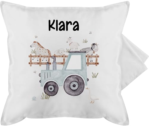 Kissenbezug - Bauernhof Traktor Tiere mit Namen Landwirtschaftlicher Tiermotiv Bauernhoftieren - 50 x 50 cm - Weiß - Kissen Tractor Pillow trecker Kuh Polster und traktormotiv personalisiertes