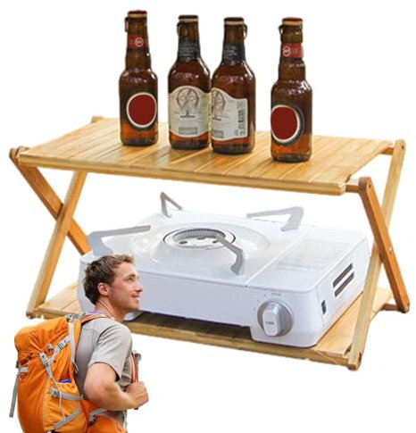 Camping-Tischregal, faltbares Campingregal | Tragbares 2-stöckiges Holzregal | Pflanzenregal für den Innenbereich, faltbar, zusammenklappbarer Schuhregal-Organizer, Holzregal