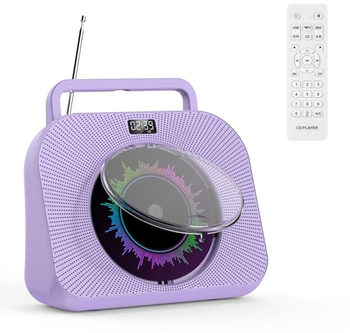 KOVCDVI Lecteur de CD Bluetooth Lecteur CD de Bureau avec Haut-parleurs Lecteur CD Enfant supporte Les USB/TF/AUX Lecture Réveil Minuteur avec télécommande Housse de Protection Ecran (Violet)