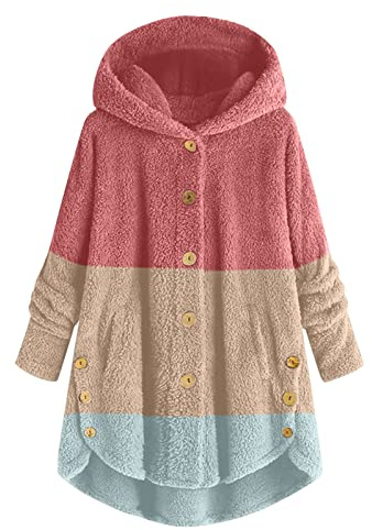 Cocila Plumas Mangas Mujer Chaqueta de lana para mujer, abrigo cálido de invierno de talla grande con botones bonitos, Tops con capucha, abrigo de peluche con bolsillos Sudaderas Mujer