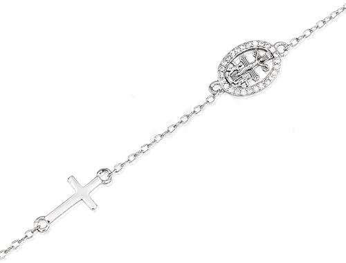 Minoplata Pulsera cruz de Caravaca con Circonitas y cruz tumbada de Plata de ley