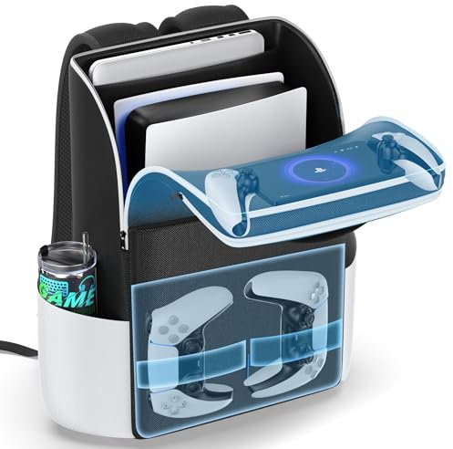 Rysker Zaino per Console PS5/ Slim/ Pro, Custodia PS5 con Protezione Completa per PS5, Borsa PS5 di Grande Capacità per Controller, PS Portal, Laptop, Schede di Gioco, Zaino PS5 con 3 Tasche per Cavi