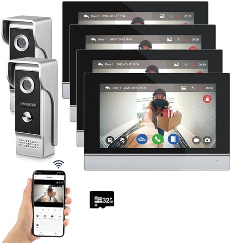 ANJIELO SMART Wired Video Intercom System Tuya WiFi 7 Inch Touch Screen 1080P Doorbell Camera Intelligent Tuya APP Intercom Kit with Motion Detection (2doorbell+4monitor)