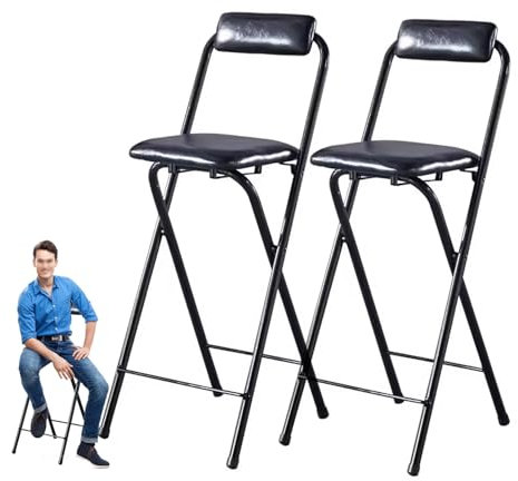 Confezione da 2 sgabelli da bar pieghevoli quadrati imbottiti con schienale e poggiapiedi, per feste, casa, ufficio, cucina, bancone nero, 65 cm di altezza