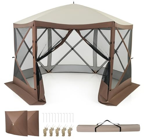 GOPLUS Tienda de Camping para 6-8 Personas, 3,5 x 3,5 m Gazebo Pop-up de 6 Lados con 2 Paneles de Protección Solar Removibles, Pabellón de Sombrilla Impermeable y a Prueba de Viento, Carpa para Jardín