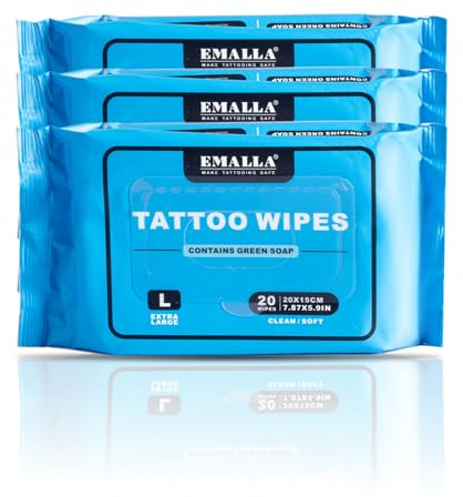 EMALLA 3pcs Toallitas Húmedas Jabón Verde Profesionales para Tatuajes (60 Unidades) Fibra Vegetal Sin Alcohol Limpieza Suave Cuidado Post-tatuaje