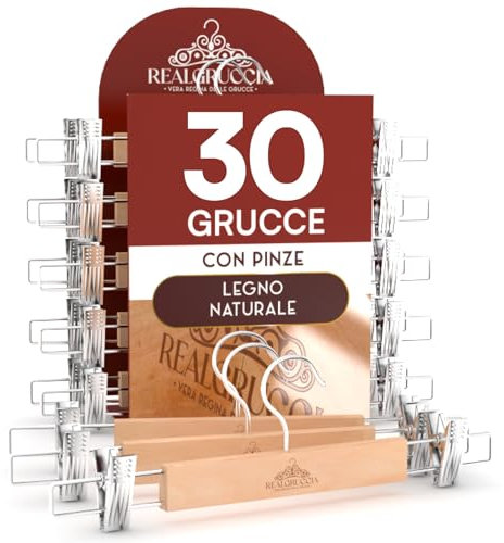 30 Grucce Appendiabiti con Pinze per Gonne Jeans Pantaloni in Legno Naturale 13x33cm - RealGruccia Gancio Girevole 360° in Metallo Resistente Clips Regolabili Salvaspazio e Robuste - Finitura Lucida