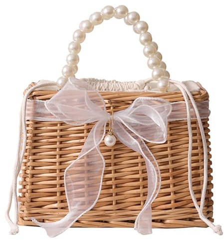 Korgväska med stor kapacitet korg handväska elegant halmhandväska med pärlhandtag och knotrosband topp öppen rotting med foder vävbärare för sommaren, Pärlhandtag, Pearl Handle