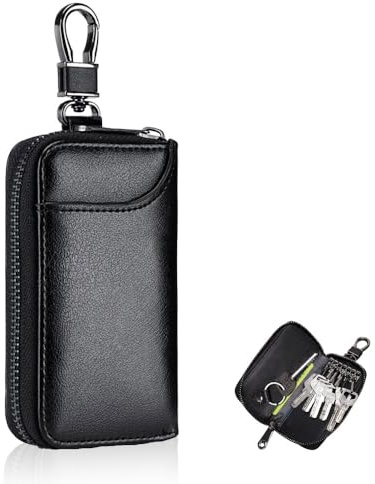 Portallaves de Cuero, Estuche para llaves de Coche, Multifuncional Portátil Organizador llaves con 3 Compartimentos Separados y 6 Ganchos para llaves, Estuche para llaves de Casa (Negro)