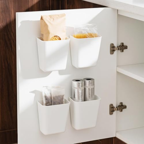 Pecihiko 4 Pack Kitchen Cabinet Door Storage Box, Self Adhesive Wall Mounted Storage Box for Small Items, Cupboard Organiser Space Saving for Wardrobe, Bathroom, Fridge