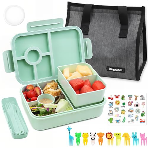 Bugucat Lonchera Bento de 1300 ml con bolsa, a prueba de fugas, con 4 compartimentos, cubiertos para niños y adultos, caja de aperitivos para escuela, jardín de infantes, oficina, color verde