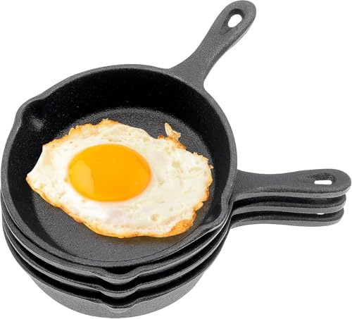 SWHCM 4 Stück Mini-Gusseisen-Bratpfannen, 10cm kleine Bratpfannen mit doppelten Ausgießern für die Innen- und Außenküche von Restaurants, antihaftbeschichtet