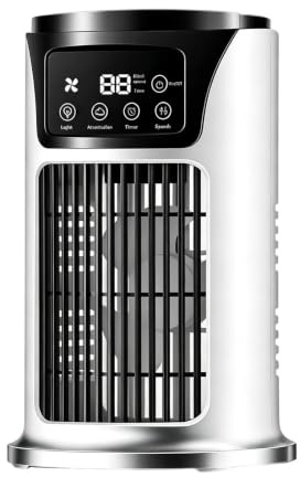 Tragbare Klimaanlage, Multifunktionaler Ventilator mit Verdunstungskühlung, Leiser Kühler mit Timer und 300ml Tank, Klimaanlagenlüfter für Schlafzimmer, Auto, Camping und Outdoor (29,5x15,5 cm)