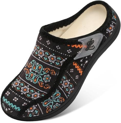 JIASUQI Womens Wide Diabetic Slippers Adjustable Soft Edema Swollen Clog Indoor Outdoor Warm House Shoes(BlackPattern 38,Size 5)