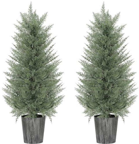 HOMCOM 90cm Artificial Cypress Trees Set of 2 UV Resistant, Green | Artificial Plants with Decorative Pot, Fake Plants, Indoor Outdoor Decor