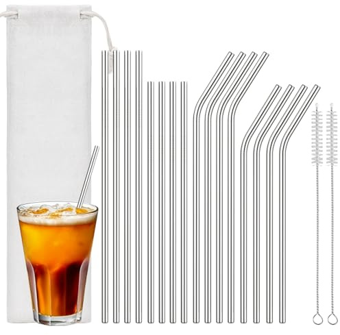 Euqvunn Ensemble de 16 Pailles Inox – 8 Droites & 8 Courbées (Longues & Courtes), Pailles Réutilisables avec 2 Brosses de Nettoyage & Sac, Compatibles Lave-Vaisselle