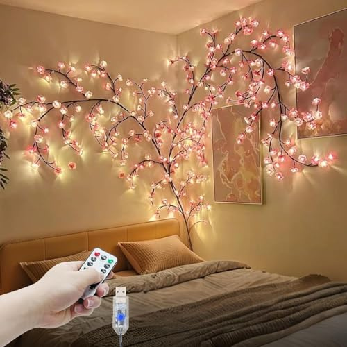 DIY Cherry Blossom Lights,4FT 48 LED Cherry Blossom Tree Branch Light,8 Modes Light Up Pink Wall Decorations for Bedroom,Christmas,Dimmable Vines with Flower Fairy Lights,Remote,Timer,Xmas Gifts