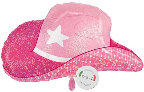 balloa Folienballon XXL Cowgirl Hut Pink, Helium Ballon Western Deko, Luftballon Party Deko Mädchen Geburtstag, Geschenkidee für Kindergeburtstag, Cowboyhut Pink Glitter Look Partydeko, 67cm