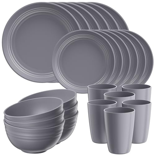 Quatish Kunststoff Geschirrset aus PP, Unzerbrechliches Camping Geschirr Set für 6 Personen, 24PCS Wiederverwendbare Tafel-Set für Kinder und Erwachsene, Geschirrspüler Mikrowelle Sicher, Dunkelgrau