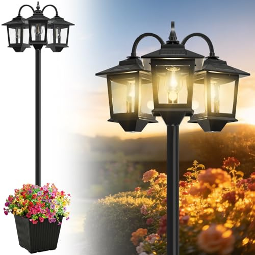 Joyoowild 3-Head Solar Lamp Post with Planter, 74 Solar Light Flower Pot Lamp Post, 60Lm Waterproof Solar Light Poles for Outside, Garden, Patio, Yard, Driveway, Replaceable Bulb, Warm White (3000K)