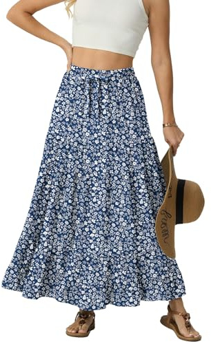IWOLLENCE Maxi Skirts for Women UK Long Ladies Elasticated Waist A Line Flowy Two Side Pockets with Drawstring Lightweight and Breathable(Blue White Flower, M)