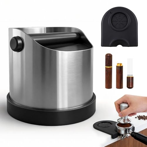 Wxeadu Coffee Knock Box, Stainless Steel Coffee Grounds Knock Box, Espresso Knock Box with Removable Knock Bar, Coffee Distribution Needle, Coffee Bin Knock Box with Tamping Mat, Non-Slip Base
