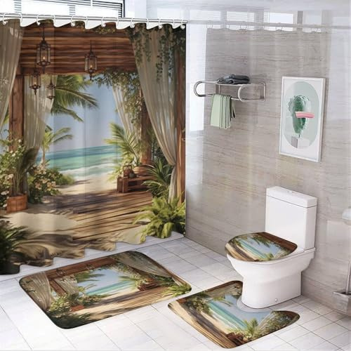 XZDXZD Tropical Beach Pavilion with Lanterns Shower Curtain Sets with Rugs for Bathroom 4 Piece, Bathroom Shower Curtain Set with Non-Slip Rug, Toilet Lid Cover, Contour Mat and 12 Plastic Hooks