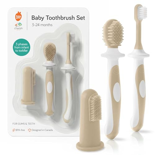 Cherish Baby Care Baby tandborste & småbarn tandborstset (0-2 år) - BPA-fri och säkerhetstestad, 2023 prisvinnare, matkvalitet silikon (beige)