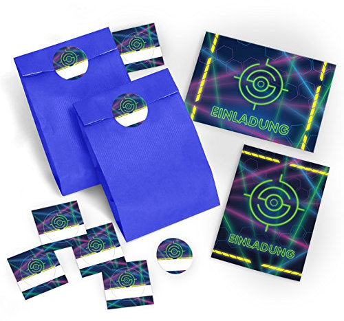 JuNa-Experten 10 Einladungskarten Geburtstag Kinder Lasertag für Mädchen Jungen incl. 10 Umschläge, 10 Tüten/dunkelblau, 10 Aufkleber Jungs Einladungen Kindergeburtstag Geburtstagseinladungen