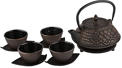lachineuse - Service à Thé en Fonte Fleurs Cerisiers - 1 Théière, 4 Tasses en Fonte & Filtre Infuseur - Capacité 0,8L - Décoration Japonaise Asiatique - Idée Cadeau Vaisselle - Coloris Noir & Bronze