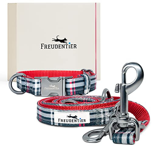 FREUDENTIER Hundehalsband mit Hundeleine 2m Set - Edinburgh Kollektion | Halsband & Leine perfekt abgestimmt im edlen Look - Inkl. Geschenkbox - Für kleine, mittelgroße & große Hunde