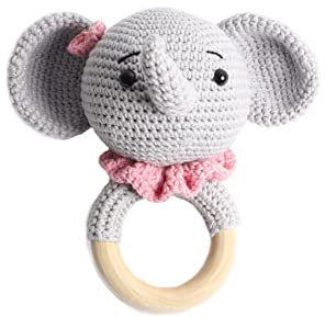 Baby Rassel - 100% Handarbeit mit Anti-Pilling Garn - Beißring für Babys - Rassel mit Tierdesign (Elefant Rosa)