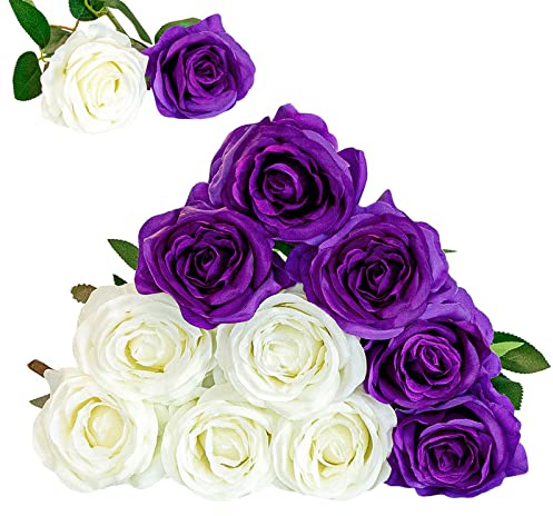 Floralsecret 13 Pcs Artificial Silk Rose Flower Bouquet Faux Flowers（White&purple）