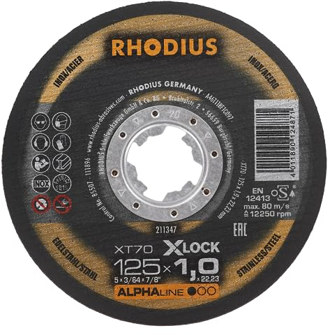 RHODIUS XT70 X-LOCK | 25 Stück Ø 125 mm x 1,0 mm | Trennscheibe Metall | Extra dünn | Made in Germany | für Winkelschleifer, Edelstahl, INOX, Stahl, Eisen, Hartmetall