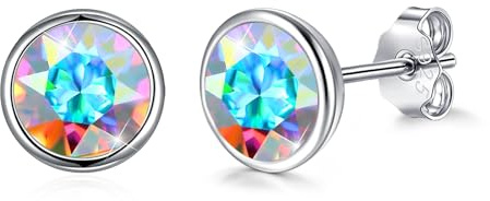 Josfeva Femme Clous d'oreilles Boucles d'oreilles Argent Sterling 925 Hypoallergénique, Puces d'oreilles rondes de 8 mm avec Cristaux Blanc Noir Rouge Violet Vert Rose Bleu Aurore Boréale comme Cadeau
