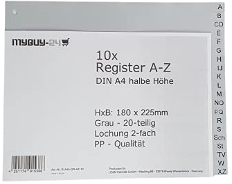 10x mybuy-24 Register A4 A-Z halbe Höhe, 20-teilig, Universallochung PP Kunststoff grau 180 x 225mm Trennblätter Buchstaben 10er Sparpack