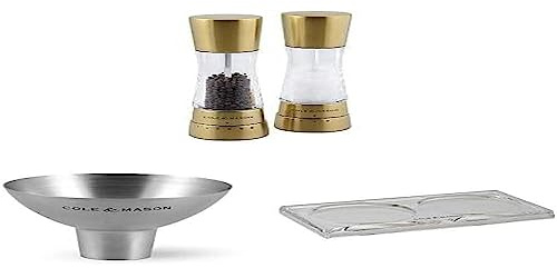 Cole & Mason H332017 Derwent Salz und Pfeffer Mühle Set (Gold) / Cole & Mason H611928CS Dover Edelstahltrichter/Cole & Mason H306119 Ramsgate Klare Salz und Pfeffer Mühle Tablett | Bundle