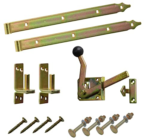 BRESKO Ladenband Set Gartentor Scharnier Torband, Kloben, Gartentorfalle und Schrauben 2er Set gelb Stahl verzinkt 300-800 mm Türband Torbeschlag (2er Set - 400x30 mm - Ø10 mm)