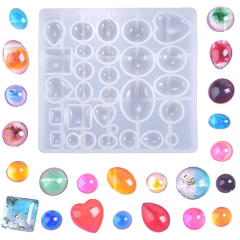 Nifocc Cabochon Epoxidharz Form Schmuck Giessharz Formen Glaskuppel Gießformen Rund Quadratisch Herz Tropfen Oval Anhänger Resin Form Edelstein Silikonform für DIY Basteln Foto Halskette Ohrring