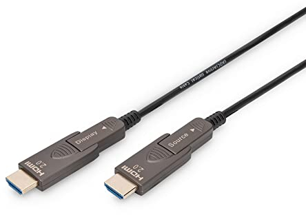 Digitus HDMI AOC Cavo ibrido in fibra ottica, 20m, HDMI 2.0b, 4k/60Hz, connettori staccabili, compatibile con TV/proiettore/monitor, contatti placcati oro, nero