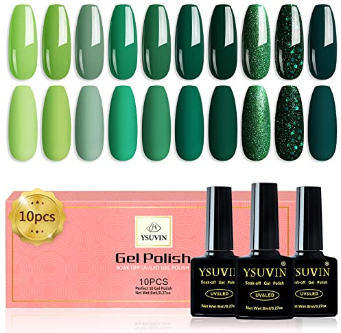 YSUVIN UV Nagellack, 10 Farben Cyan Grün Hellgrün Glitzer UV Lack | Tränken Sie den Gel Nagellack für Anfänger DIY Nail Art Maniküre Salon, Langlebig, 8ML