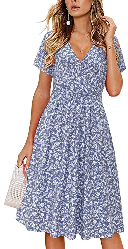VOTEPRETTY Women's Short Sleeve V Neck Wrap Summer Dress Midi Casual Floral Sundress with Pockets(Floral22,XL)