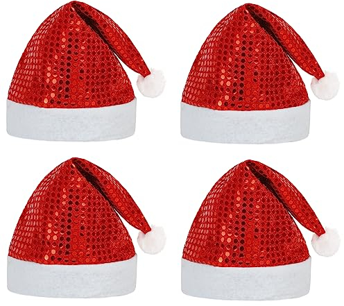 JOFONY Cappello di Babbo Natale per adulti, 4 pezzi, con paillettes e bordo in peluche, rosso, per le feste di Natale, decorazione natalizia