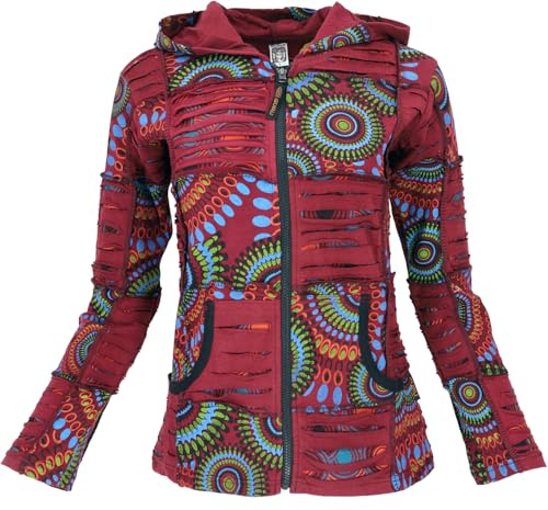 GURU SHOP Veste Goa en patchwork, veste bohéme à capuche, veste ethnique, pour femme, en coton, 44